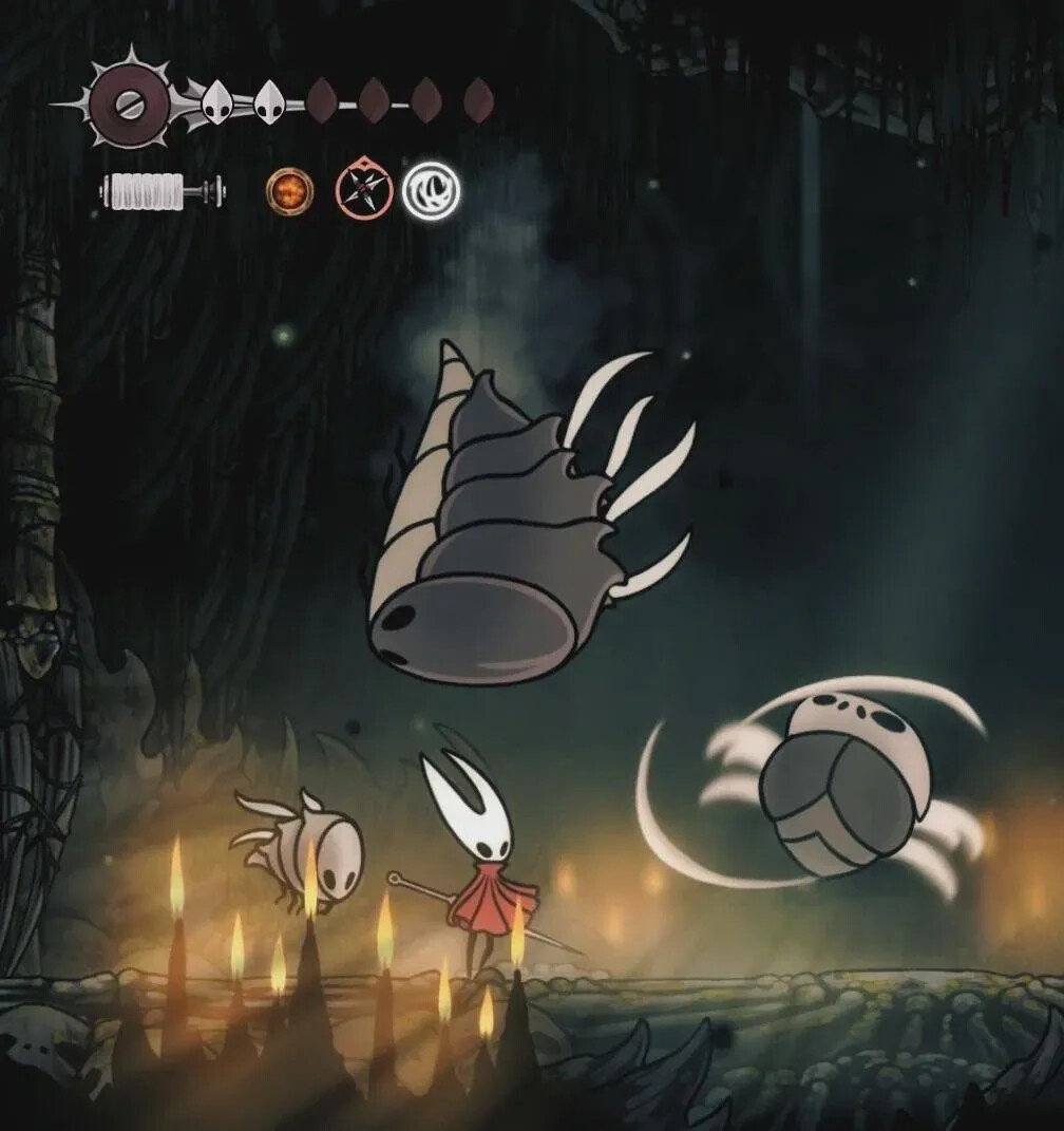 Hornet from Silksong, surrounded on all sides by very sharp-looking enemies.